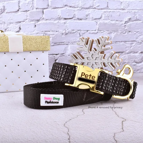 Vista 2 de Collar de perro con diamantes de imitación, hebilla grabada y opciones de correa, collares de perro brillantes a la moda, joyas brillantes