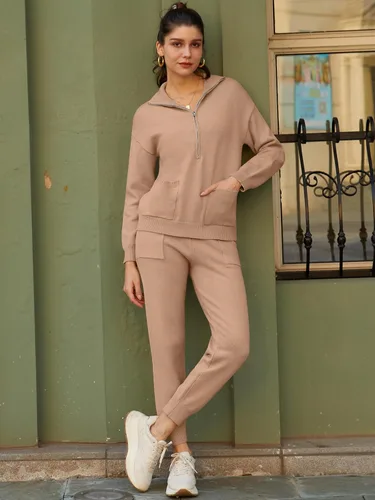 Vista 5 de DEEP SELF Conjunto de dos piezas de suéter para mujer, de manga larga, con media cremallera, pantalones deportivos con bolsillos