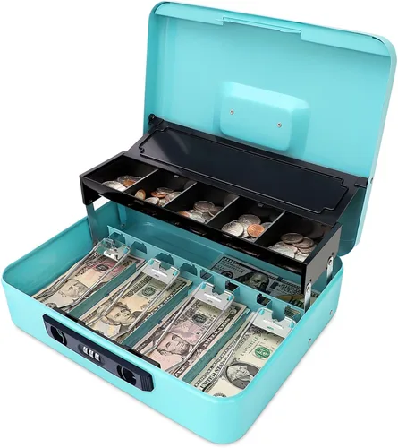 Vista 15 de Jssmst - Caja de efectivo de metal grande con bandeja de dinero,Caja de bloqueo