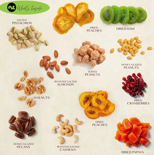 Vista 6 de NUT CRAVINGS - Cesta de regalo para el día de la madre, frutas secas y frutos secos mixtos, torre roja + cinta de corazón (12 surtidos), arreglo