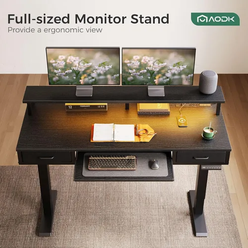 Vista 5 de AODK Escritorio Eléctrico de Pie con Cajones y Bandeja para Teclado, Escritorio Ajustable en Altura de 55 Pulgadas con Tomas de Corriente y Luces