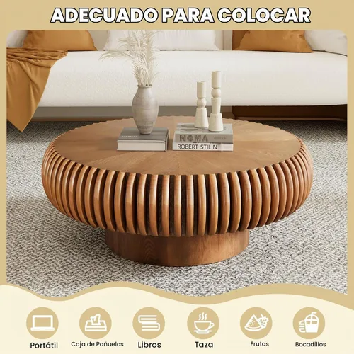 Vista 6 de Mesa de centro redonda acanalada de 31.5 pulgadas, moderna mesa de centro de madera para sala de estar, mesa central de alivio hecha a mano