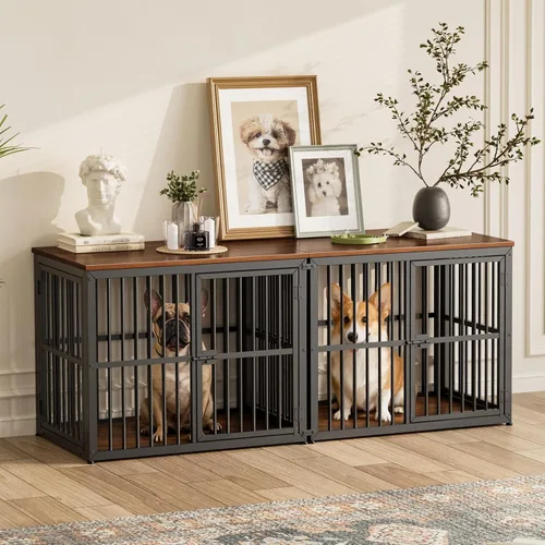 Vista 11 de Lyromix 94.48'' Mueble de jaula para perros de raza grande con soporte para TV de dos habitaciones, mesa auxiliar de jaula para perros de madera
