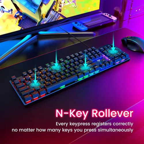 Vista 8 de RisoPhy Teclado mecánico para juegos, RGB de 104 teclas ultradelgado con retroiluminación LED, teclado USB con cable con interruptor rojo, teclas