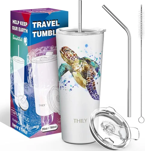 Vista 6 de THILY Vaso de viaje de acero inoxidable aislado al vacío, taza de café de 26 onzas con 2 tapas y popotes, a prueba de salpicaduras, mantiene