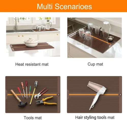 Vista 3 de iWord Tapete de secado de platos, tapetes de silicona para encimera de cocina con diseño de orificio de drenaje, tapete ecológico para secar platos
