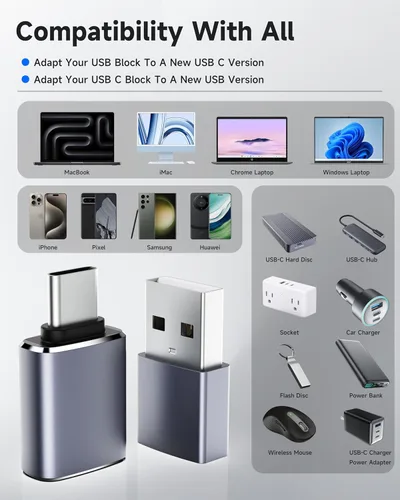 Vista 2 de Adaptador USB a USB C, 4 unidades, [USB-C a USB-A] y [USB-A a USB-C], compatible con iPhone 17/16/15 Pro Max, MacBook Pro/Air, Samsung Galaxy