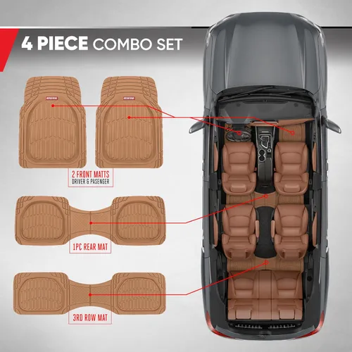 Vista 3 de Motor Trend Original FlexTough Beige Rubber Car Floor Mats for 3 Row Vehicles, Front & Rear 2nd Row Deep Dish All Weather Automotive Heavy Duty Trim