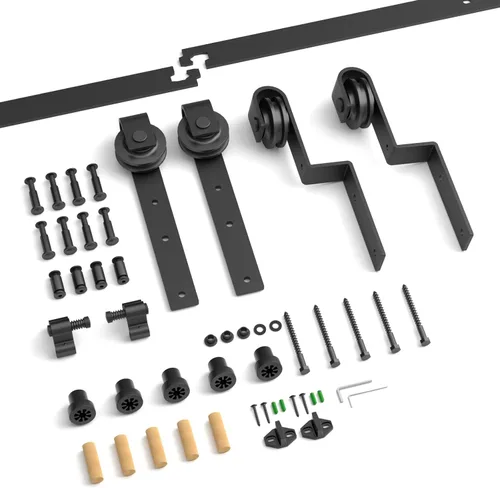 Vista 7 de Kit de herrajes para puerta corrediza de granero de 4 pies, herrajes de puerta corredera de modo de riel combinado, puertas de madera dobles