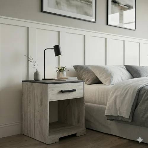 Vista 12 de Signature Design by Ashley Shawburn - Mesita de noche con 1 cajón, 22.09 pulgadas de alto, blanqueada y gris