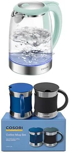 Bundle of COSORI Electric Kettle Green + COSORI - Taza de café con tapas, juego de 2