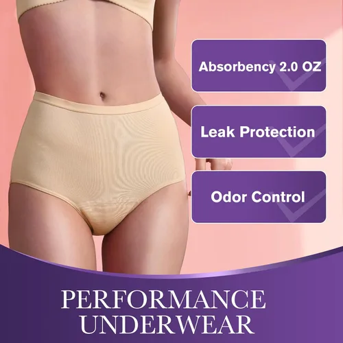 Vista 2 de Ropa interior de incontinencia a prueba de fugas para mujer, lavable, absorbente, protectora, posparto, 2.0 onzas, control de vejiga, 3 Beige, M
