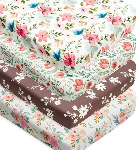 Vista 11 de Juego de 4 sábanas de moisés para bebé niña, suaves y ajustables con temática floral o elefante, fundas de colchón transpirables para bebés o niñas