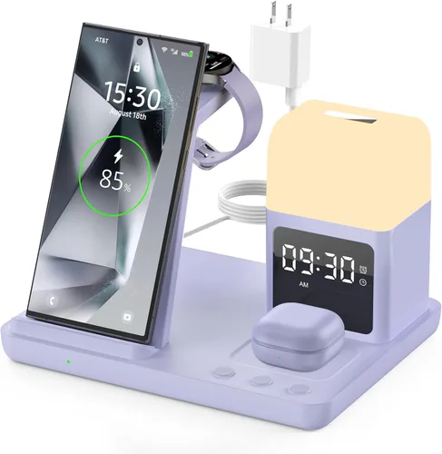 Cargador inalámbrico para estación de carga Samsung/Android, cargador de reloj rápido 6 en 1 con reloj despertador, luz nocturna, compatible con
