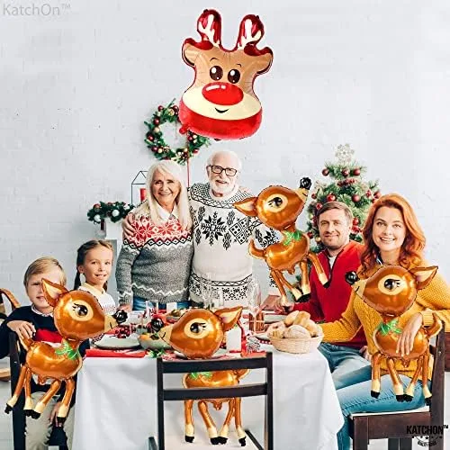 Vista 5 de KatchOn, Globos de reno de Navidad, grandes, paquete de 5 Globo de aluminio de reno para decoraciones de fiesta de renos Globos de aluminio