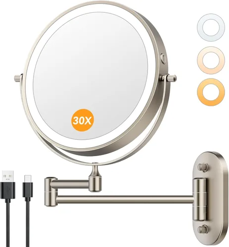 Vista 11 de Auxmir Espejo de maquillaje montado en la pared 1X/30X con luz, espejo de aumento recargable de doble cara de 8 pulgadas, espejo de tocador
