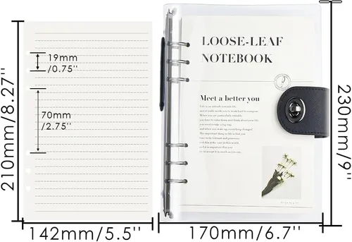 Vista 2 de Carpeta A5 transparente recargable para cuaderno con 90 hojas de papel forrado, color negro, 6 anillas, suave, transparente, cubierta protectora