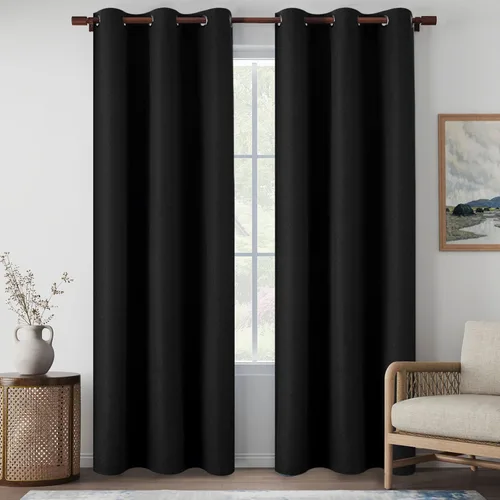 Vista 50 de Cortinas de Lino Beige con Bloqueo Total de Luz de 64 Pulgadas de Largo, Lino Sintético Texturizado con Bloqueo de Calor y Aislamiento Térmico