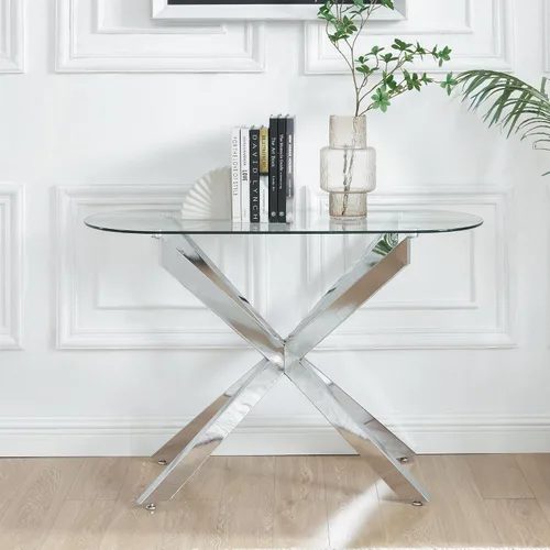 Vista 6 de Moderna mesa consola ovalada de vidrio, mesa de sofá estrecha para entrada, entrada, sala de estar, vestíbulo, pasillo, oficina, 45 pulgadas de Negro