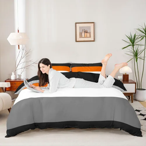 Vista 3 de Juego de ropa de cama con diseño de rayas geométricas de retazos, color naranja, gris y negro, funda de edredón a rayas blancas y gris claro