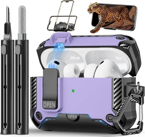 Vista 25 de Funda para AirPods Pro de 2ª Generación con Soporte para Teléfono, Protección Completa contra Caídas con Diseño de Interruptor Automático a Presión