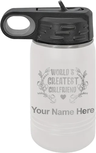 Vista 29 de LaserGram Personalized Water Bottle, World's Greatest Girlfriend, Stainless Steel Double Wall Vacuum Insulated with Flip Top Straw, Custom Engraved