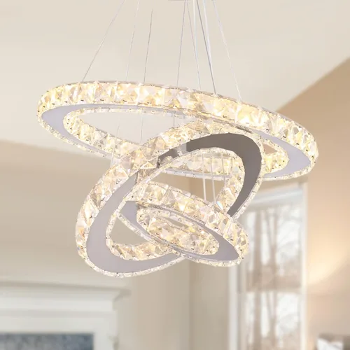 Vista 10 de Moderna araña de cristal con 3 anillos redondos, lámpara colgante ajustable de acero inoxidable, iluminación LED para techo, lámpara de cristal