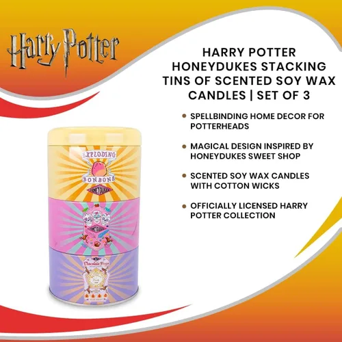 Vista 6 de Harry Potter Honeydukes - Juego de 3 latas apilables de velas perfumadas de cera de soja, con fragancias únicas, tiempo de combustión de 25 horas