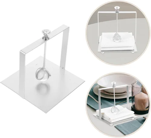 Vista 7 de Amosfun Farmhouse Flat Napkin Holder with Weighted Arm, Metal Paper Towel Stand for Kitchen and Dining Tabletop, Silver Square Tissue Organizer for