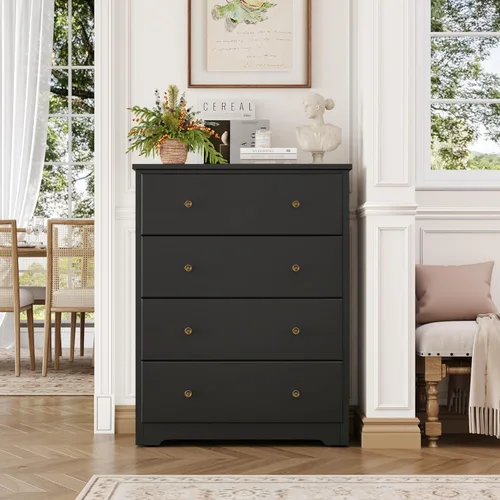 Vista 2 de HOUSUIT Cómoda, Cómodas de 4 Cajones Arcones de Cajones, Cómoda Alta Moderna, Arcón de Cajones de Madera Gabinete de Almacenamiento para Sala