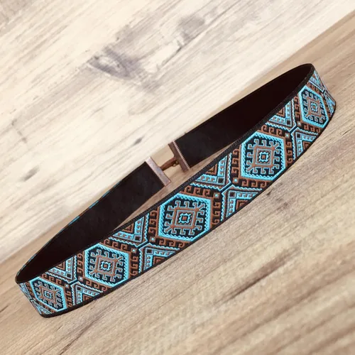 Vista 2 de Banda de sombrero estilo occidental turquesa, marrón y negro, sombrero de vaquero, cinturón ajustable de sombrero Fedora, bandas de sombrero