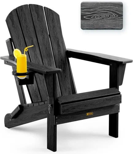 Silla Adirondack plegable con textura de madera, sillas de patio resistente a la intemperie, silla de exterior, silla de césped con soporte para