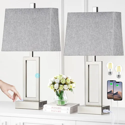 Vista 12 de Rinweey Juego de 2 lámparas de mesa con control táctil, modernas lámparas de noche doradas con puertos USB A+C y salida de CA, lámparas de mesita