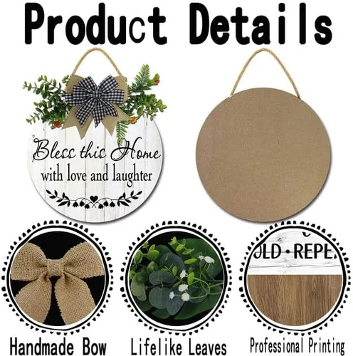 Vista 6 de Bless This Home with Love & Laughter - Letrero de bienvenida para puerta delantera, decoración de porche, corona de granja, decoración de pared