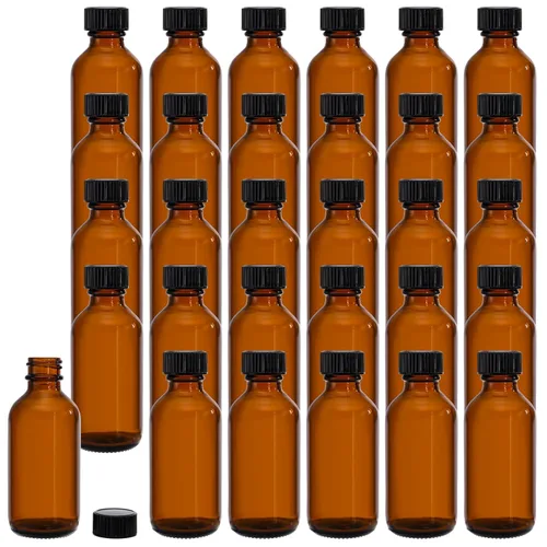 Bekith Paquete de 30 botellas redondas de vidrio Boston de 2 onzas con tapas negras, ámbar