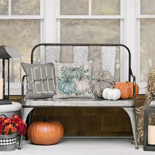 Vista 2 de Juego de 4 fundas de almohada de otoño de 20 x 20 pulgadas, diseño de hojas de eucalipto, lunares, calabazas blancas y azules, almohadas decorativas