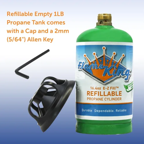 Vista 5 de Flame King – Cilindro de propano recargable de 1 lb (16.4 oz) vacío, opción de recarga reutilizable, segura y legal, cumple con DOT, para acampar