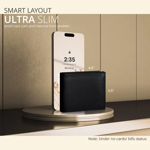 Vista 3 de Cartera de cuero hecha a mano real para hombre, hecha a mano, bloqueo RFID, billetera plegable de capacidad extra, Negro -, Bifold