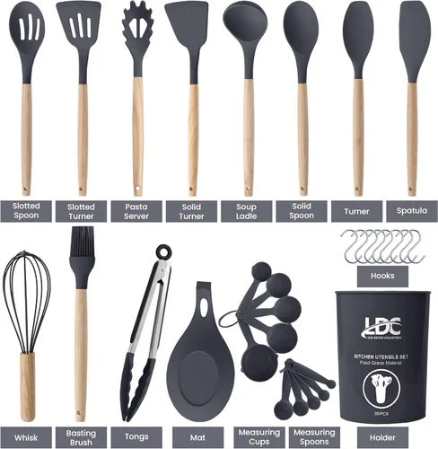 Vista 3 de LDC - Juego de utensilios de cocina de silicona de 35 piezas con soporte, silicona de grado alimenticio sin BPA, asas de madera resistentes al Gris