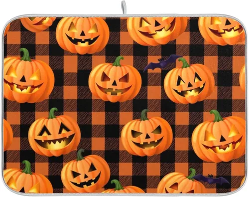 Vista 13 de Kcldeci Tapete de secado de platos Happy Halloween de 18 x 24 pulgadas, castillo espantapájaros, calabazas, otoño, almohadilla de secado de platos