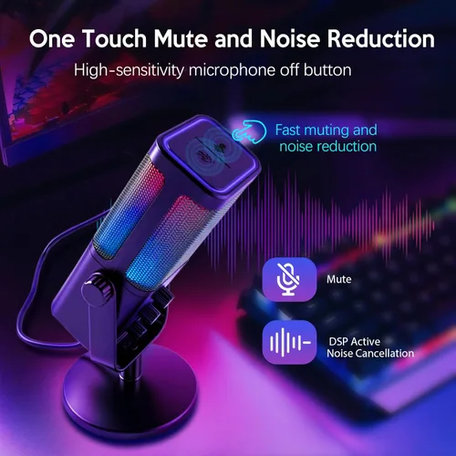 Vista 4 de VCOM - Micrófono USB para PC, micrófono RGB para juegos con botón de silencio, control de ganancia, conector de auriculares de monitoreo de 3.5 mm