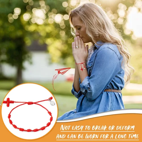 Vista 5 de Yinkin 30 Pieces St Benedict Medal Red Rosary Bracelet Bulk Adjustable Red Knot String Braided Bracelet Baby Protection Mexican Bracelets with Mesh