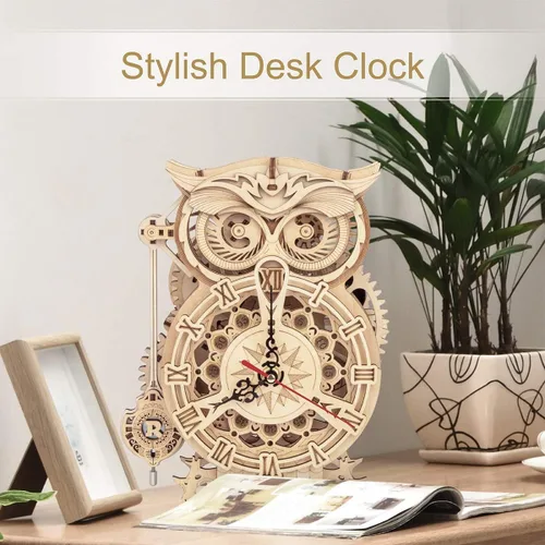 Vista 3 de ROKR Rompecabezas de madera 3D para adultos, reloj de búho, modelo mecánico, kit de construcción de pasatiempos para hombres y mujeres, 161 piezas