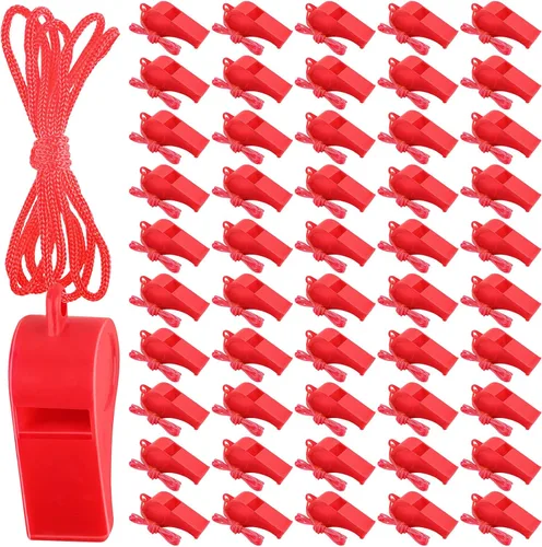 Vista 8 de 200 silbatos de plástico con cordón, silbatos de emergencia a granel para entrenamiento escolar, senderismo al aire libre, entrenadores deportivos