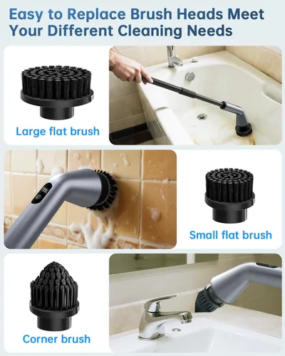 Vista 5 de VICNOVA Limpiador eléctrico giratorio, IPX7 impermeable de 2 velocidades, cepillo de limpieza inalámbrico extensible de mango largo con 7 cabezales