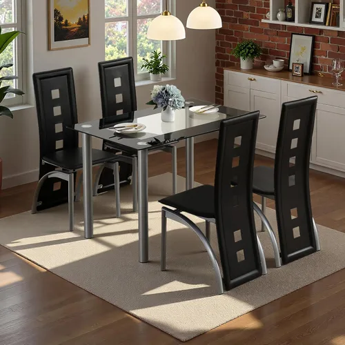 Vista 9 de Karl home Juego de mesa de comedor de cristal de 5 piezas con mesa de vasos y 4 sillas de cuero para cocina, desayuno, sala de estar; ahorro