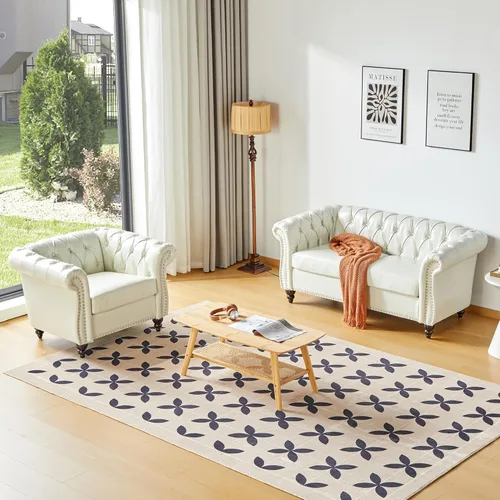 Vista 50 de Juego de 2 piezas para sala de estar, sofá loveseat Chesterfield de terciopelo con silla, brazos enrollados y tachuelas para sala de estar, oficina