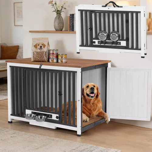 Vista 9 de Muebles de jaula para perros de 33.3 pulgadas, jaulas plegables para perros con cuencos giratorios de 360°, jaula de madera para cachorros con marco