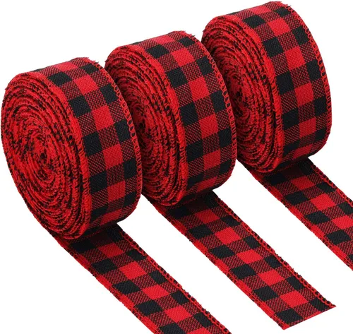 3 rollos de cinta de arpillera a cuadros de búfalo de 1.4 pulgadas x 26 yardas, cinta tejida con alambre con lazos de borde con alambre, decoración