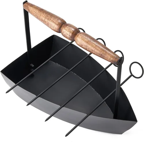 Vista 6 de Plato para servir en forma de hierro con 4 brochetas de barbacoa para parrilla de barbacoa en barco de servir, palitos de barbacoa reutilizables